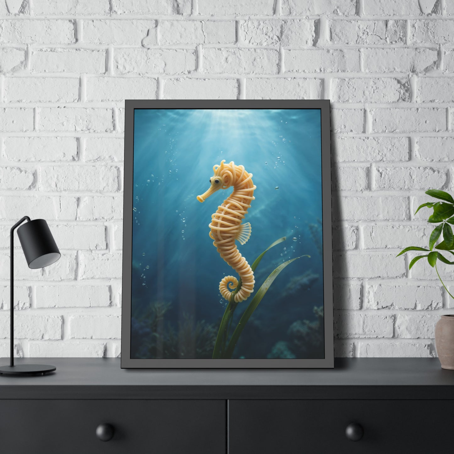 Spaghetti Seahorse Illustration Framed Poster | Ocean Underwater Art Print