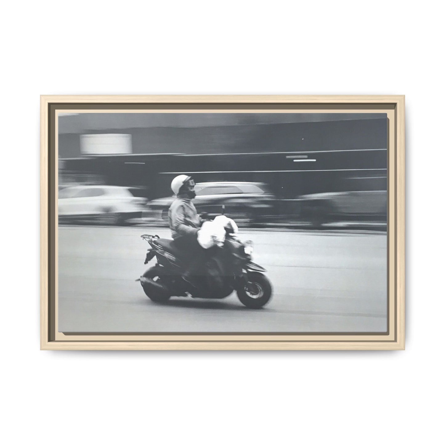 Framed Matte Canvas Print — Vintage Motion Scooter Street Photography