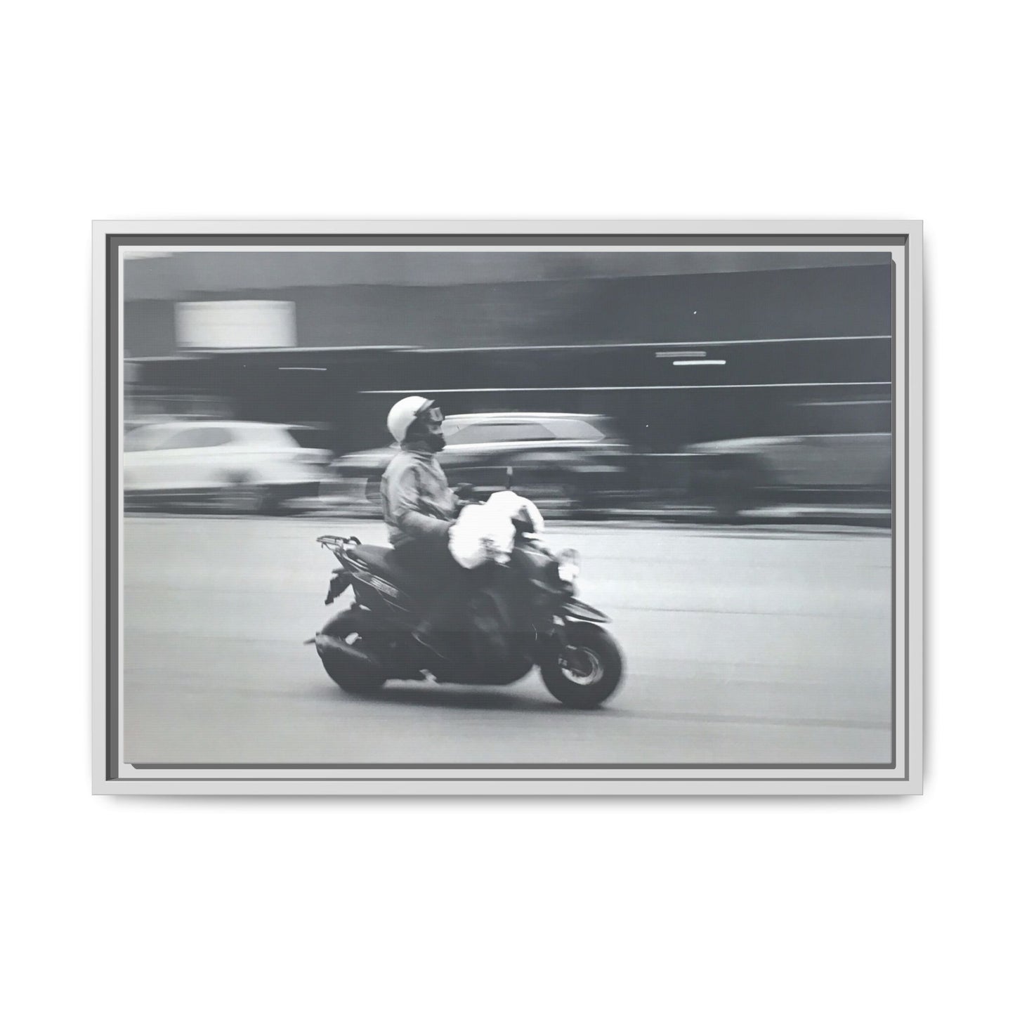 Framed Matte Canvas Print — Vintage Motion Scooter Street Photography