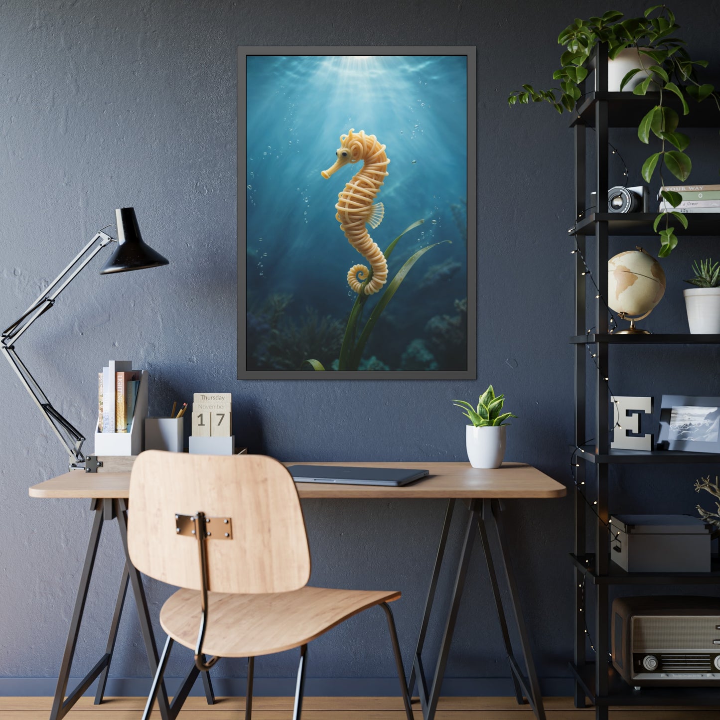 Spaghetti Seahorse Illustration Framed Poster | Ocean Underwater Art Print