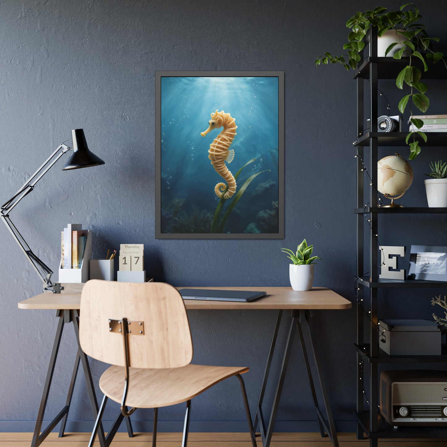Spaghetti Seahorse Illustration Framed Poster | Ocean Underwater Art Print