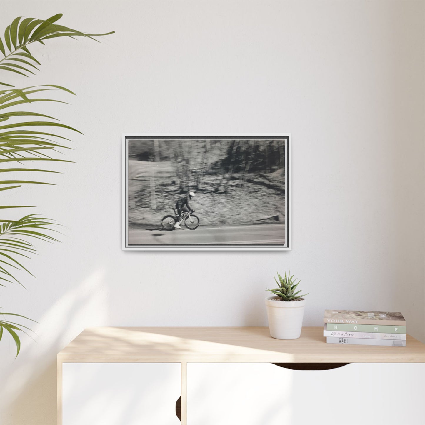 Framed Matte Canvas Print — Vintage Cyclist Black & White Photo