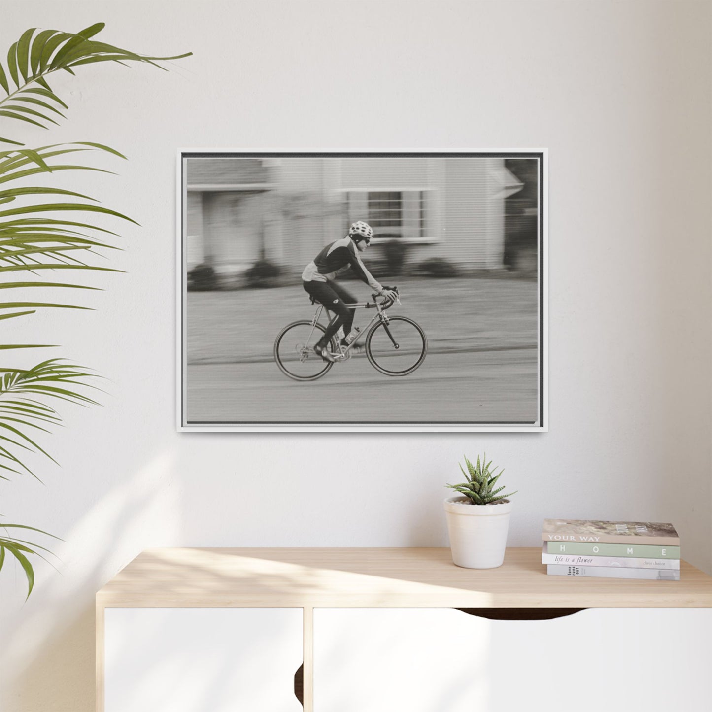 Framed Matte Canvas Print - Vintage Cyclist Black & White Wall Art