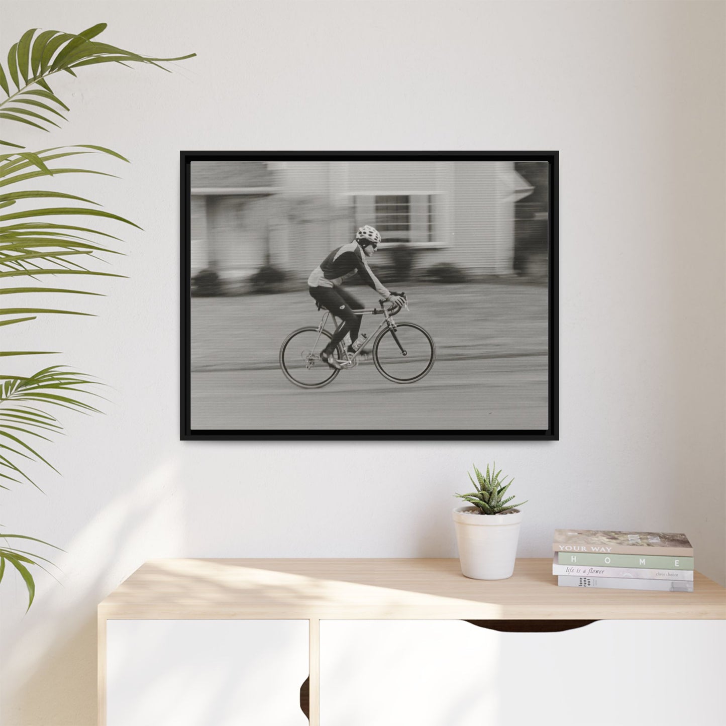 Framed Matte Canvas Print - Vintage Cyclist Black & White Wall Art