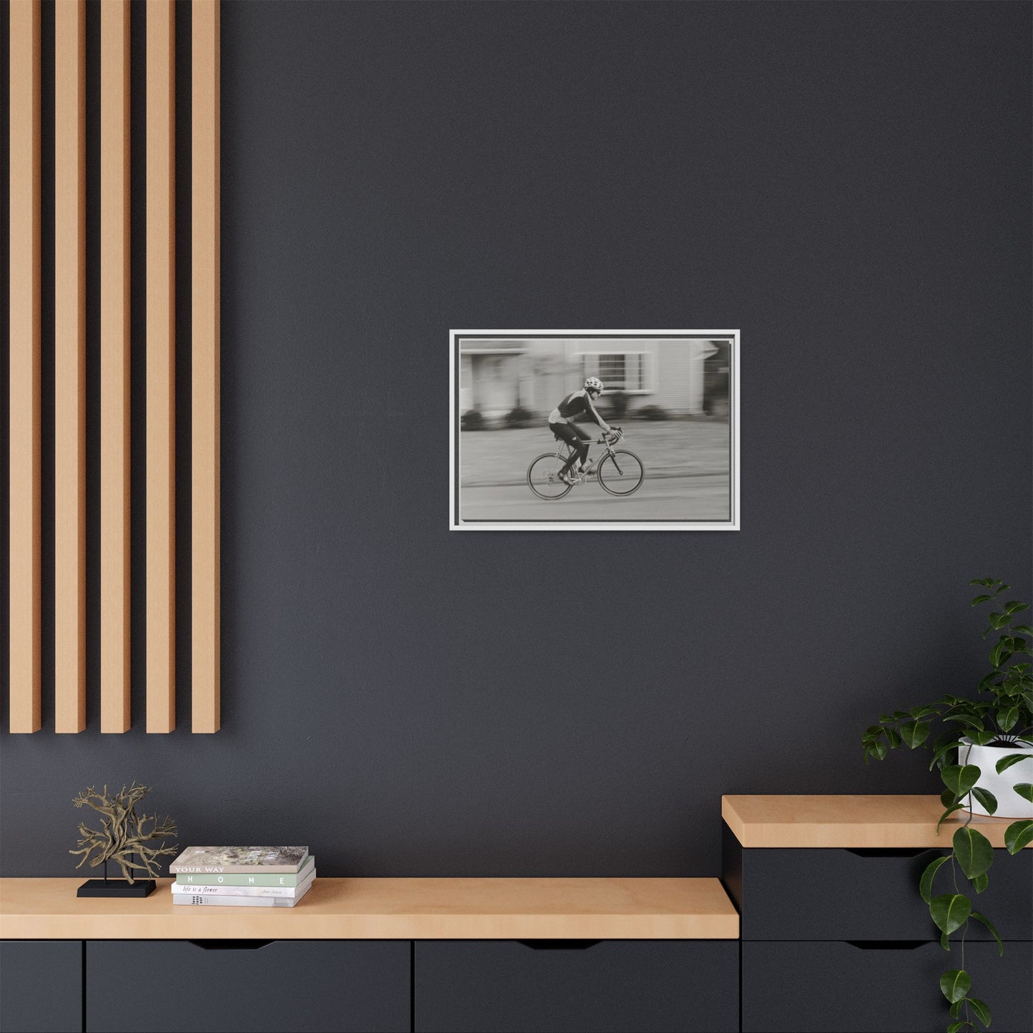 Framed Matte Canvas Print - Vintage Cyclist Black & White Wall Art