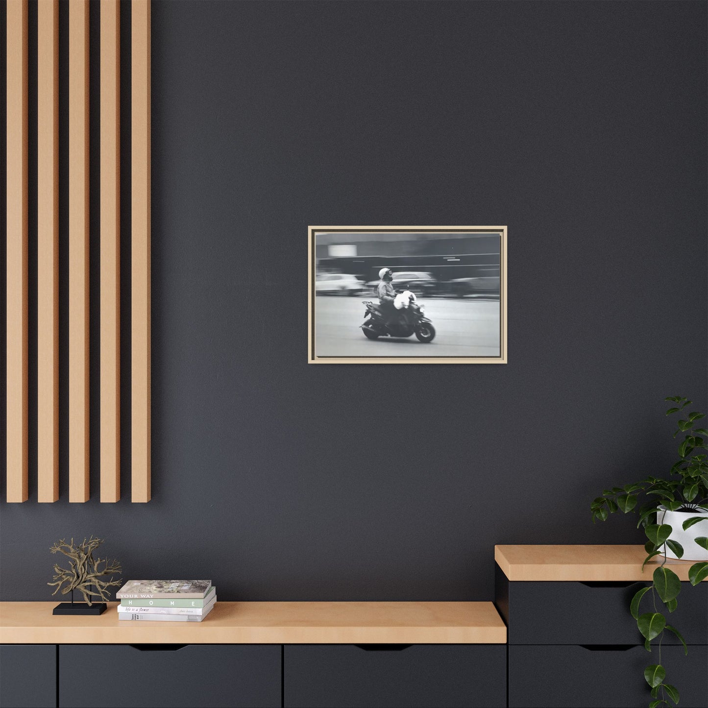 Framed Matte Canvas Print — Vintage Motion Scooter Street Photography