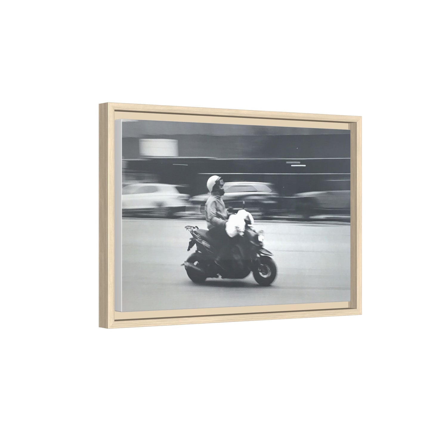 Framed Matte Canvas Print — Vintage Motion Scooter Street Photography
