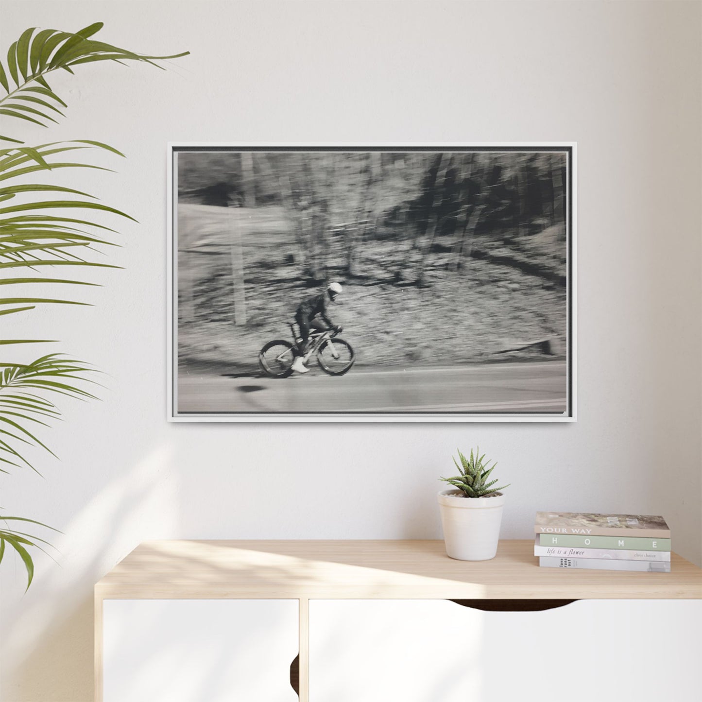 Framed Matte Canvas Print — Vintage Cyclist Black & White Photo
