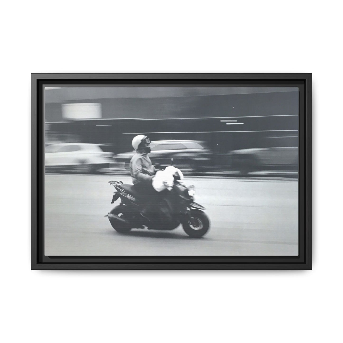 Framed Matte Canvas Print — Vintage Motion Scooter Street Photography