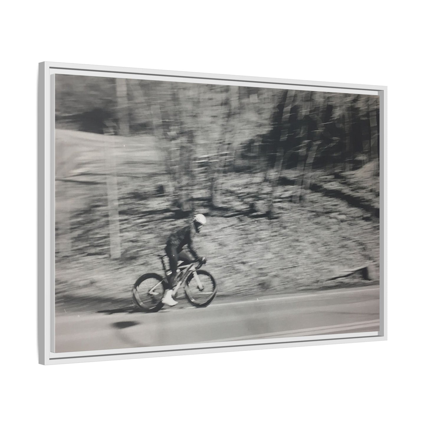 Framed Matte Canvas Print — Vintage Cyclist Black & White Photo