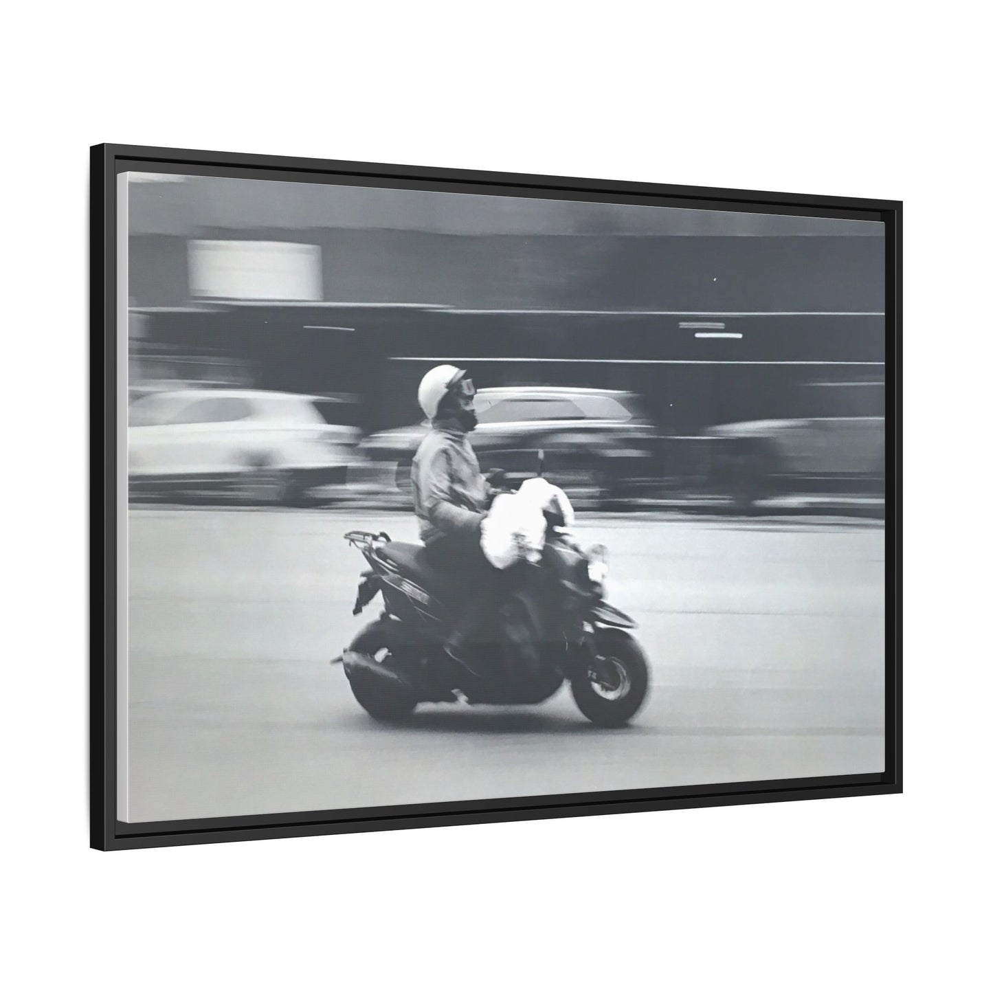 Framed Matte Canvas Print — Vintage Motion Scooter Street Photography