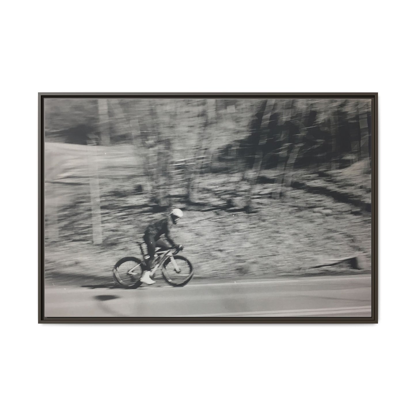 Framed Matte Canvas Print — Vintage Cyclist Black & White Photo