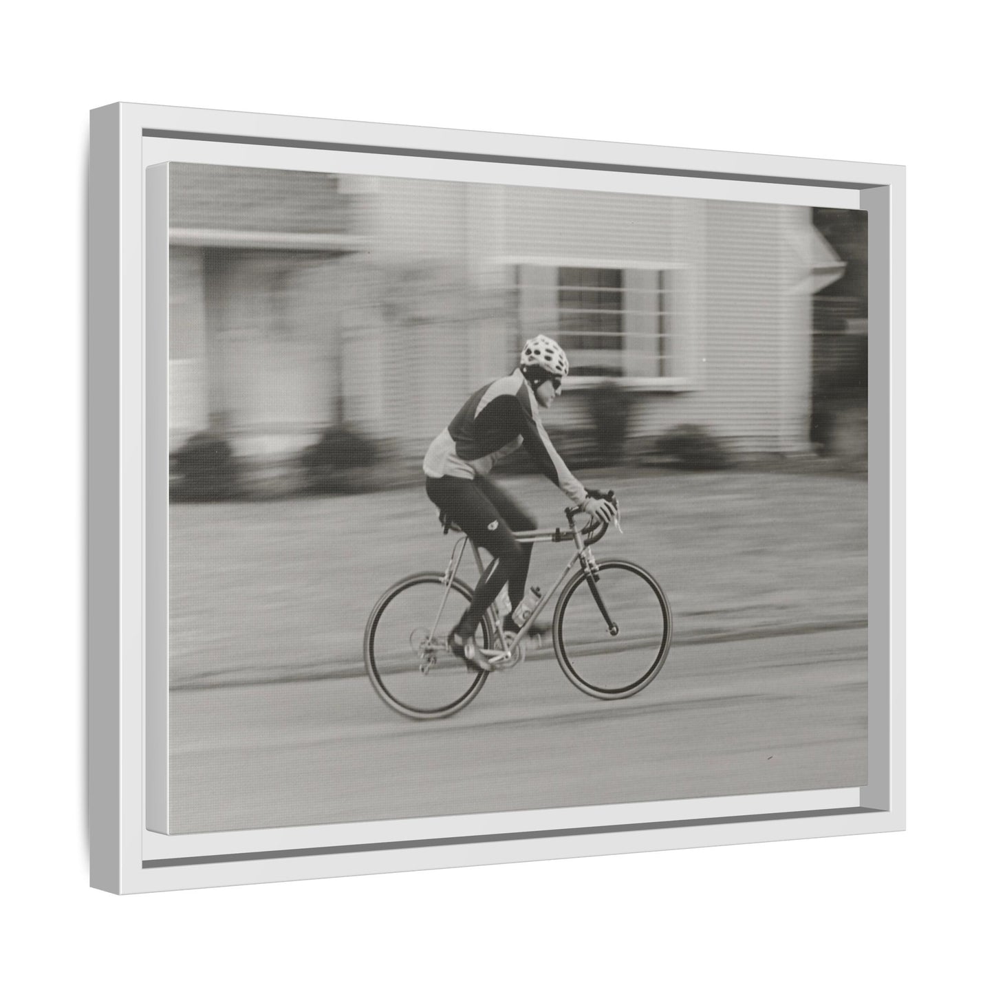 Framed Matte Canvas Print - Vintage Cyclist Black & White Wall Art