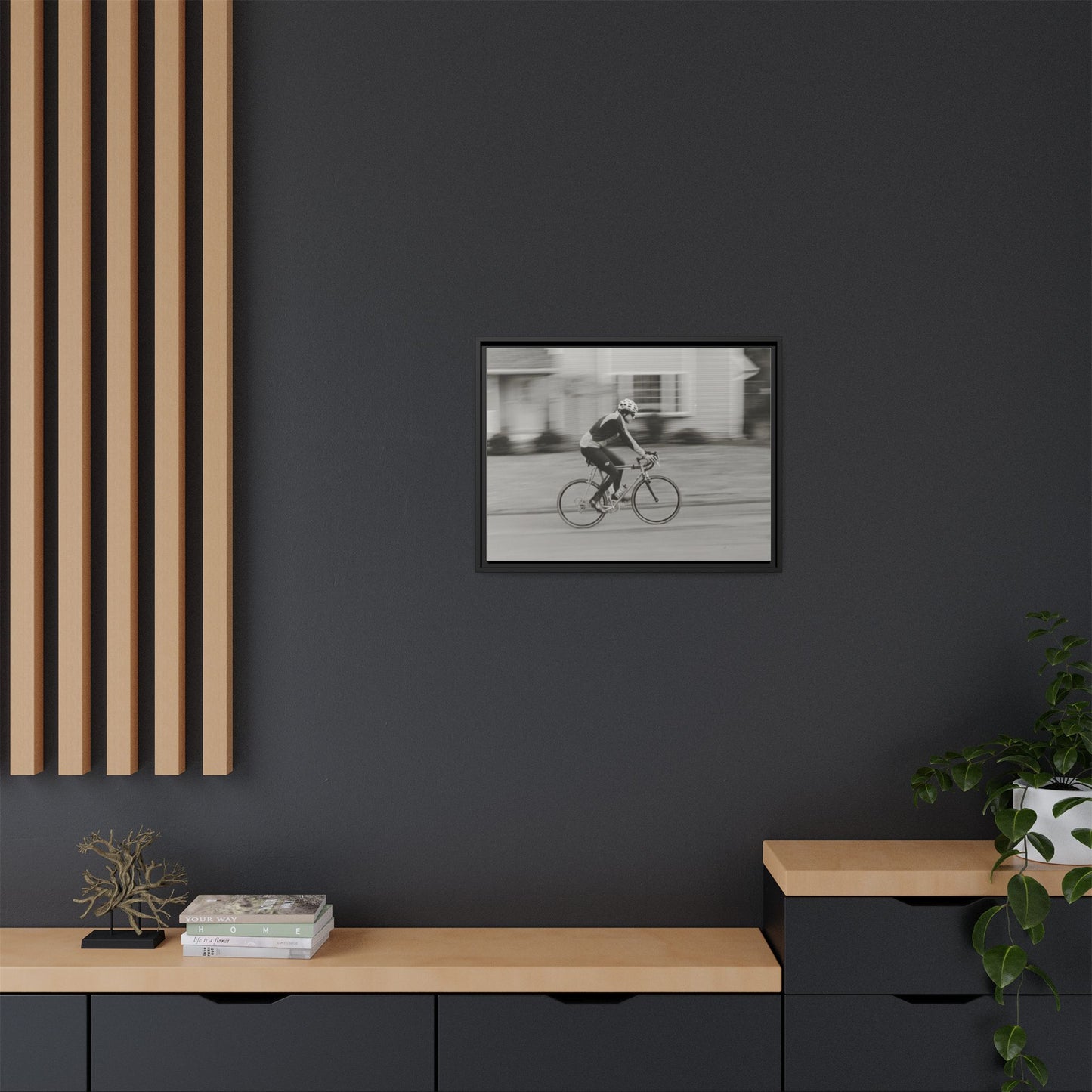 Framed Matte Canvas Print - Vintage Cyclist Black & White Wall Art