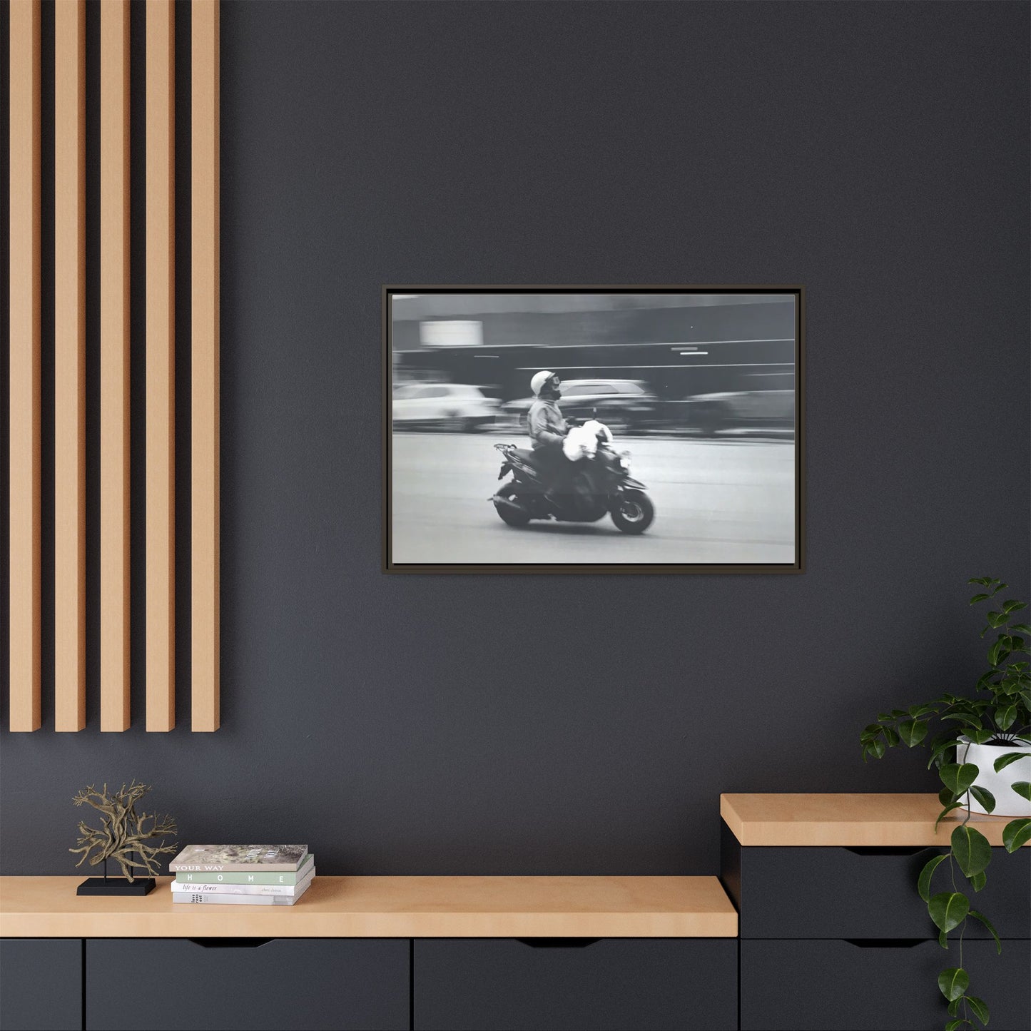 Framed Matte Canvas Print — Vintage Motion Scooter Street Photography