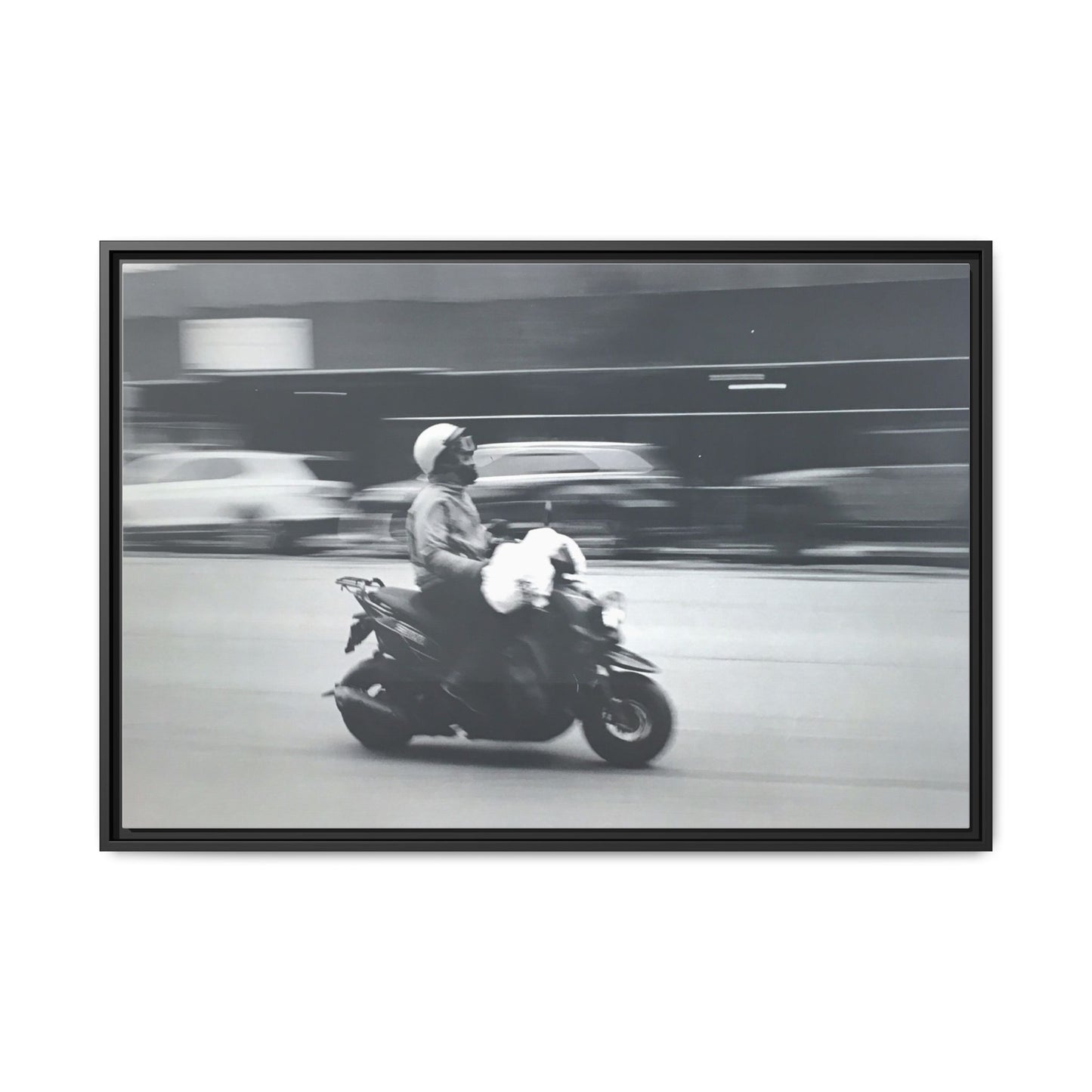 Framed Matte Canvas Print — Vintage Motion Scooter Street Photography