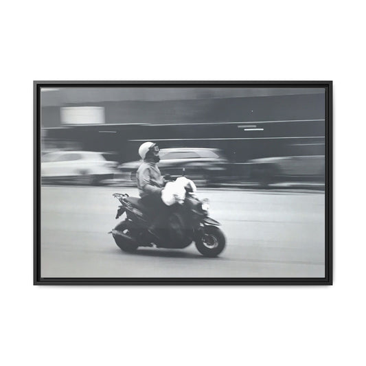 Framed Matte Canvas Print — Vintage Motion Scooter Street Photography