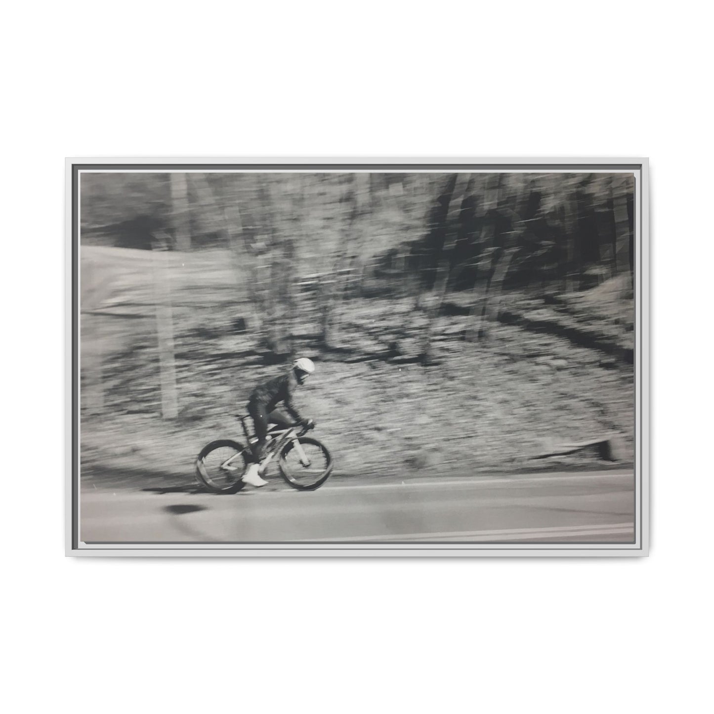 Framed Matte Canvas Print — Vintage Cyclist Black & White Photo