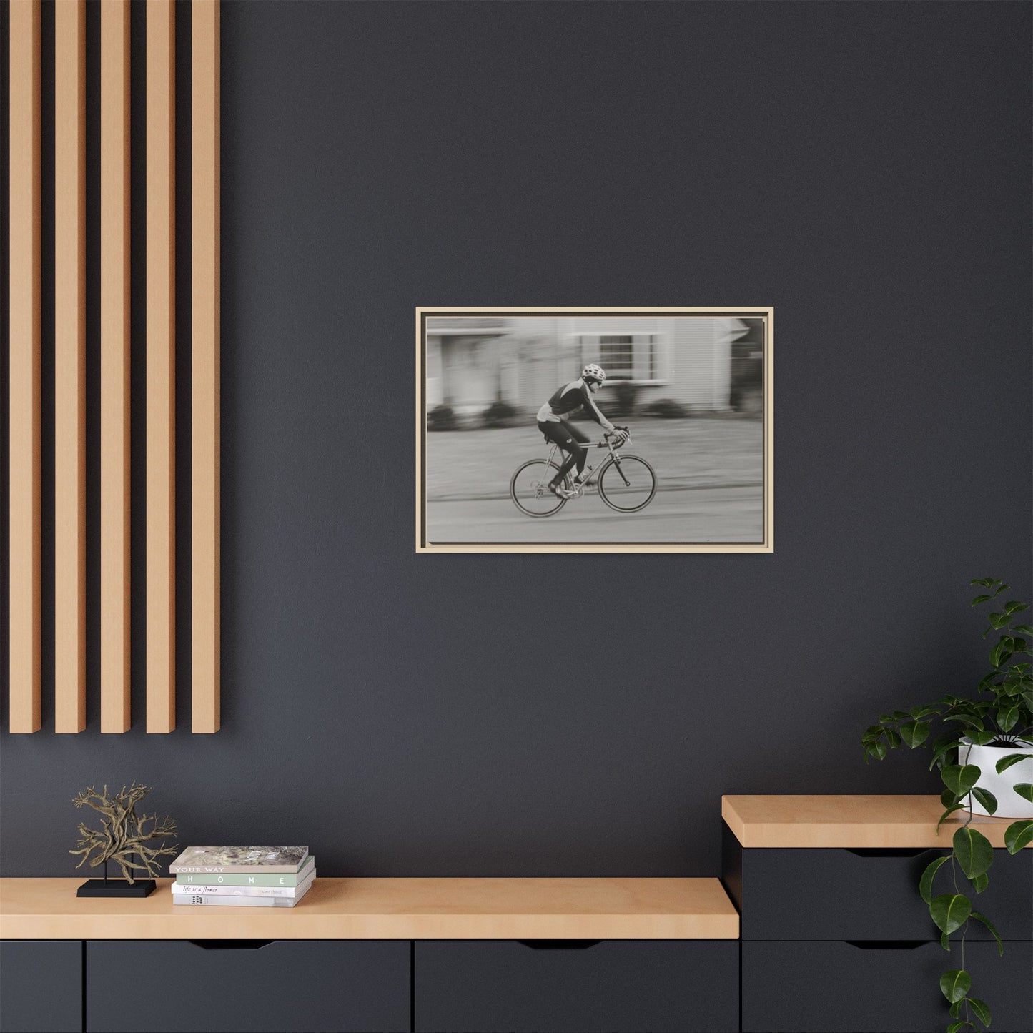 Framed Matte Canvas Print - Vintage Cyclist Black & White Wall Art