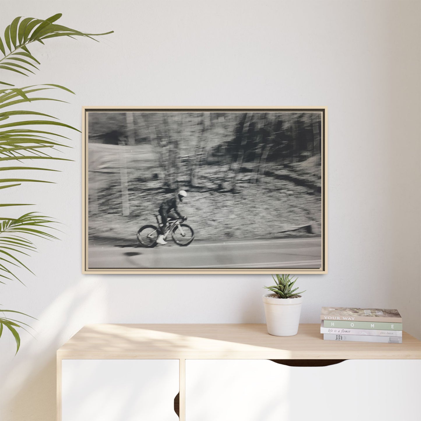 Framed Matte Canvas Print — Vintage Cyclist Black & White Photo