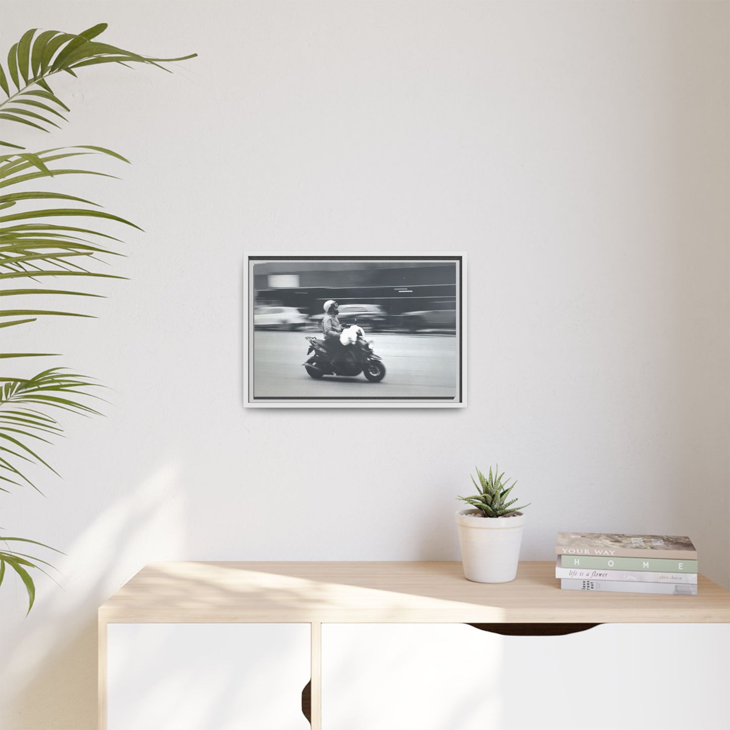 Framed Matte Canvas Print — Vintage Motion Scooter Street Photography