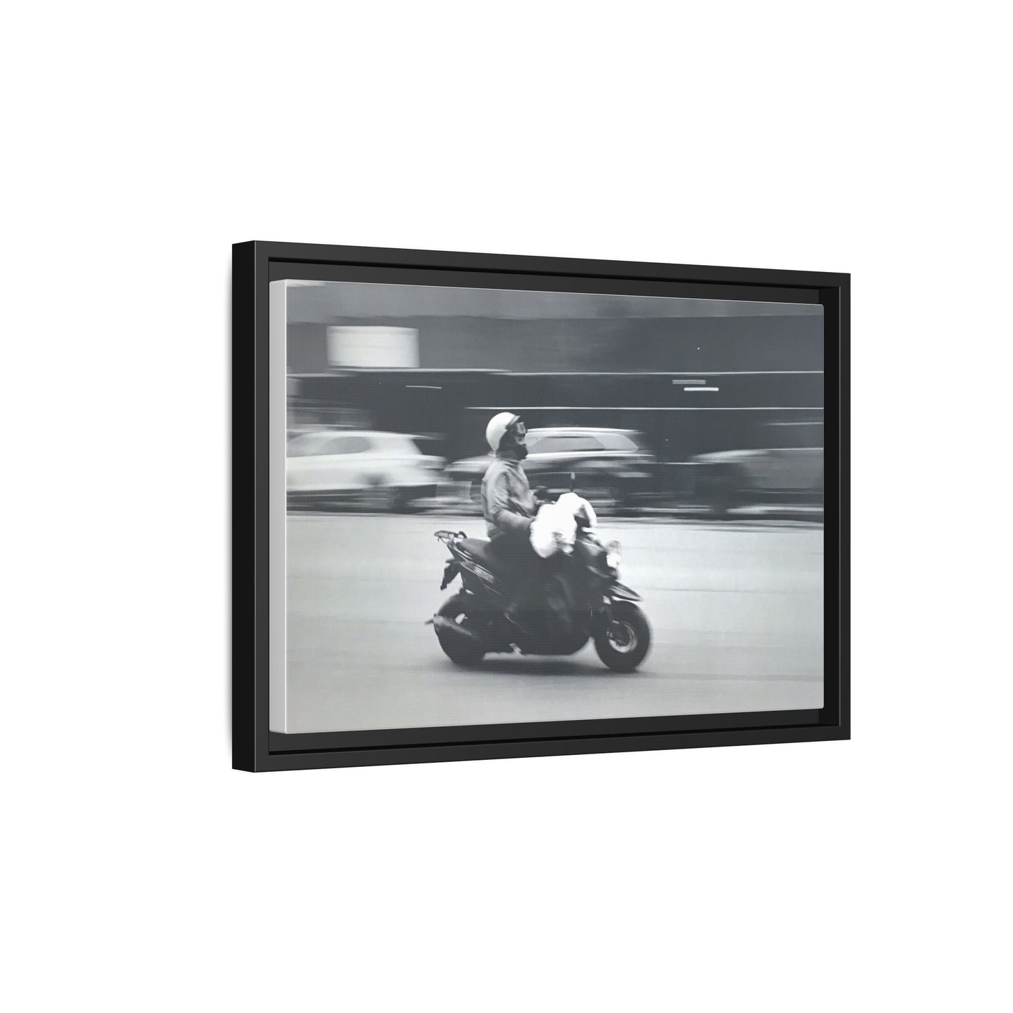 Framed Matte Canvas Print — Vintage Motion Scooter Street Photography