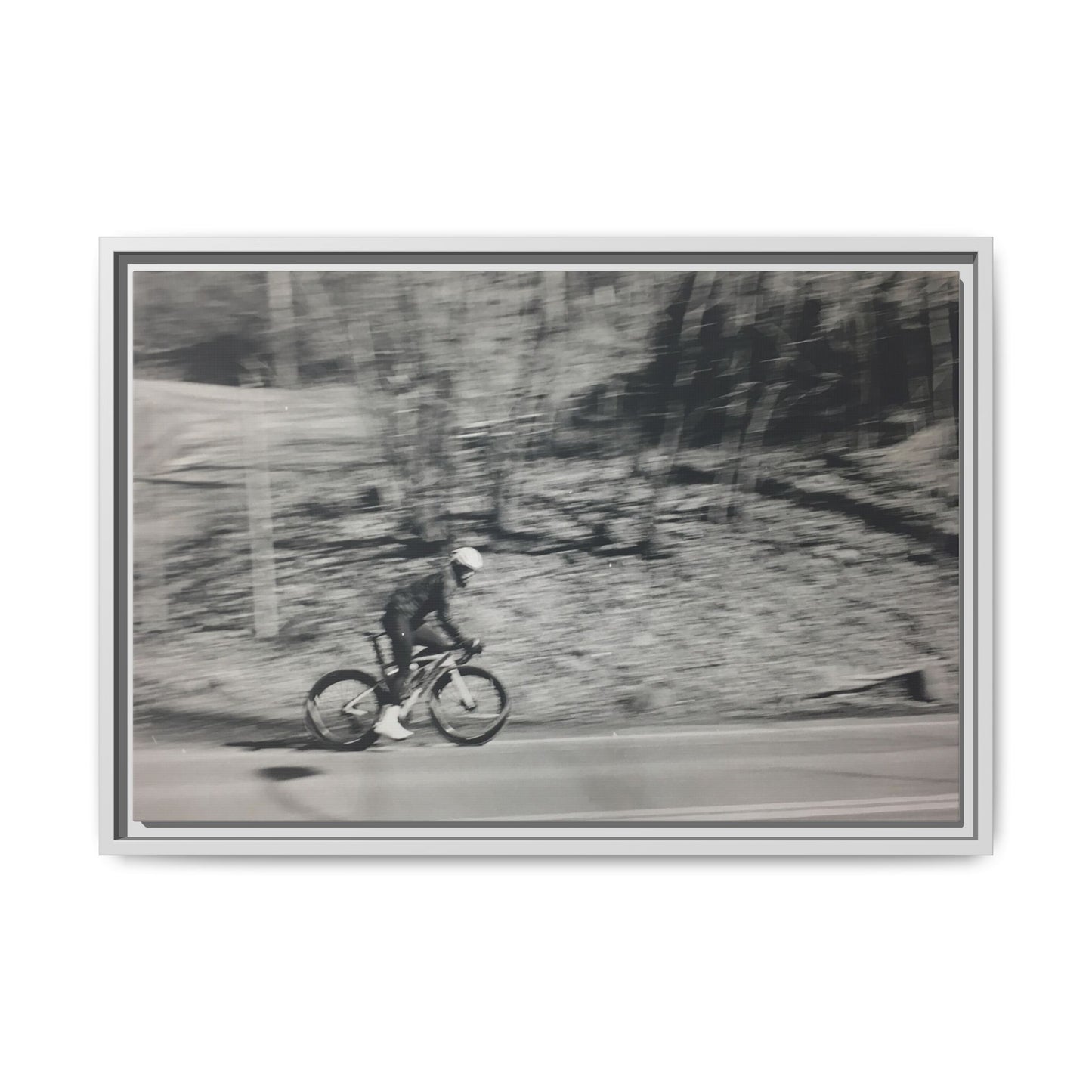 Framed Matte Canvas Print — Vintage Cyclist Black & White Photo