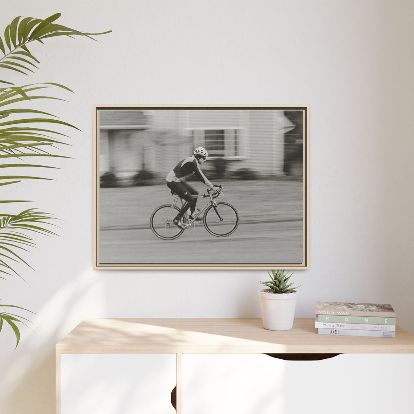 Framed Matte Canvas Print - Vintage Cyclist Black & White Wall Art