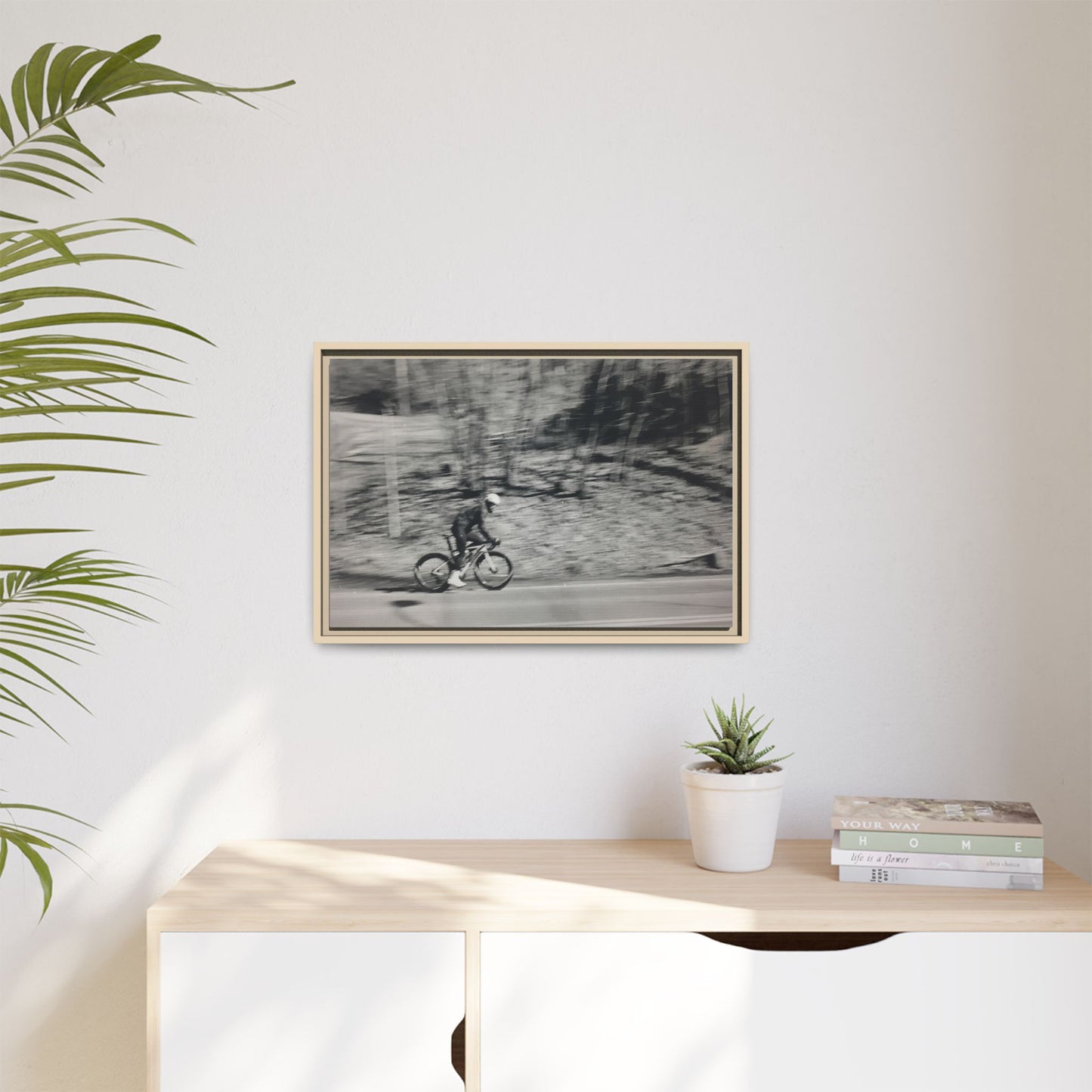 Framed Matte Canvas Print — Vintage Cyclist Black & White Photo