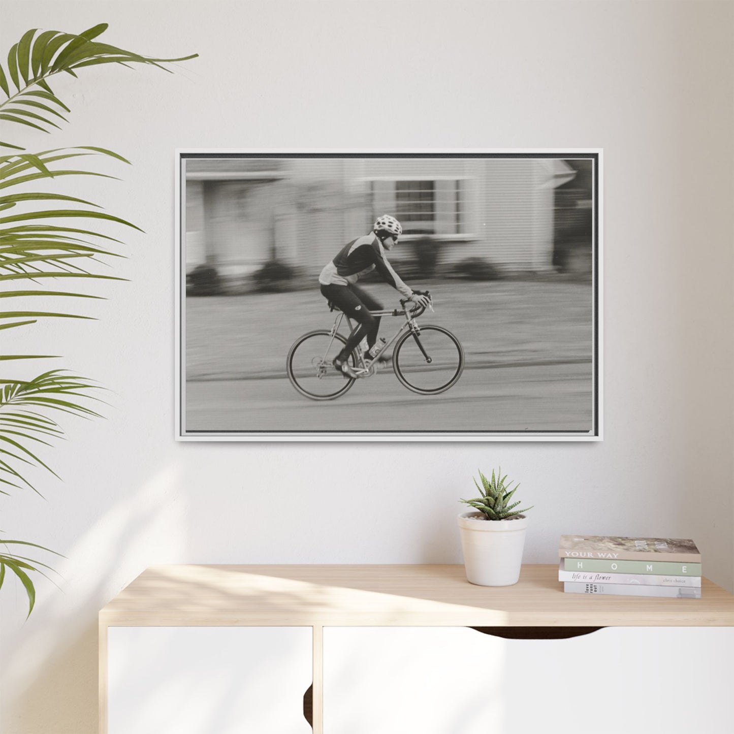 Framed Matte Canvas Print - Vintage Cyclist Black & White Wall Art
