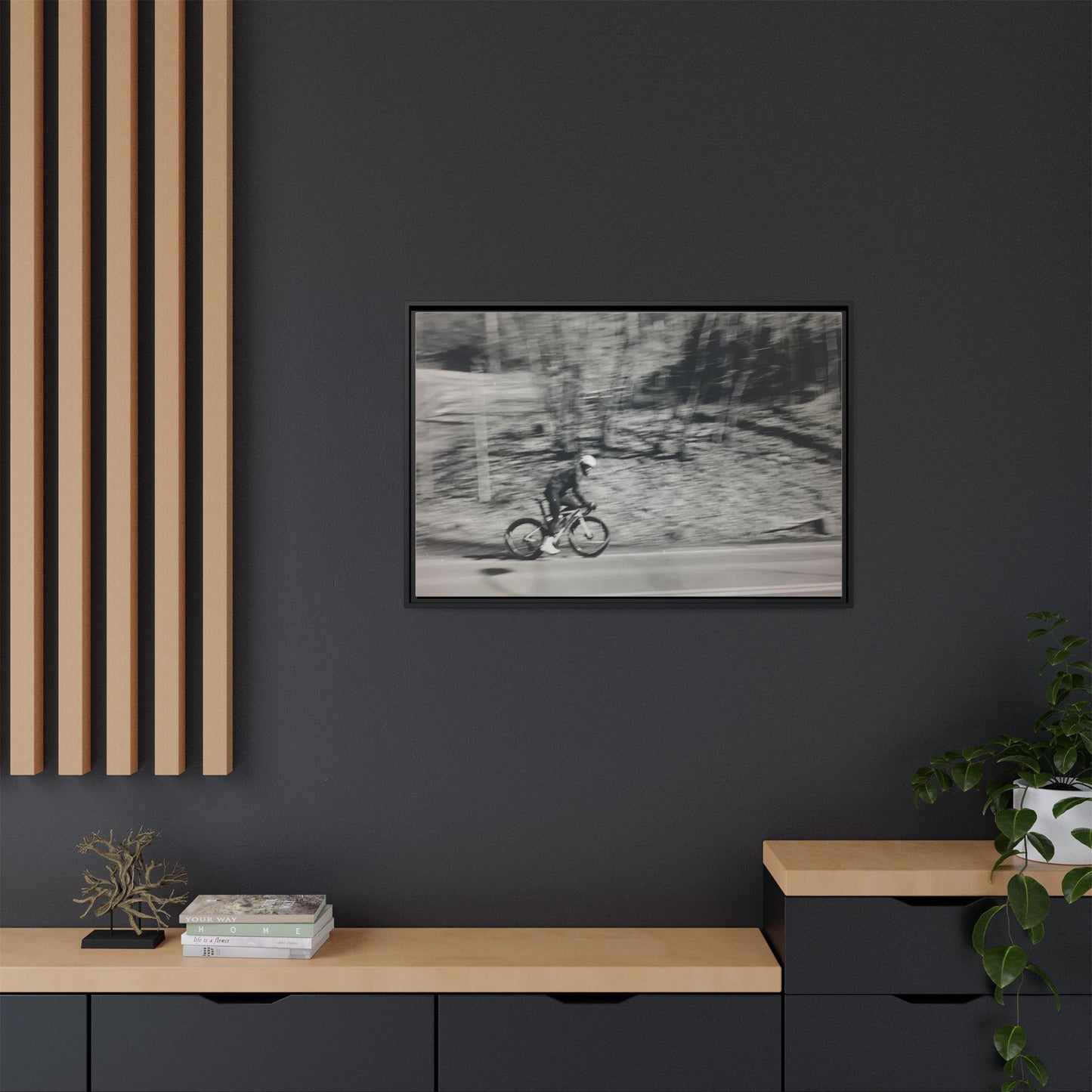 Framed Matte Canvas Print — Vintage Cyclist Black & White Photo