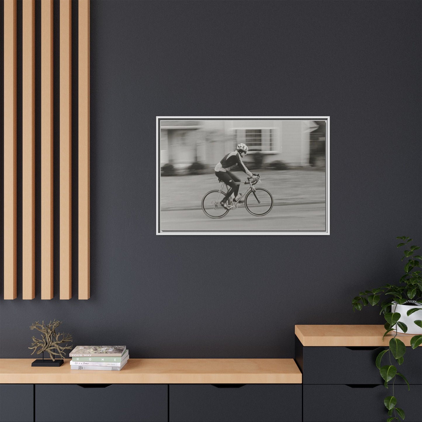 Framed Matte Canvas Print - Vintage Cyclist Black & White Wall Art