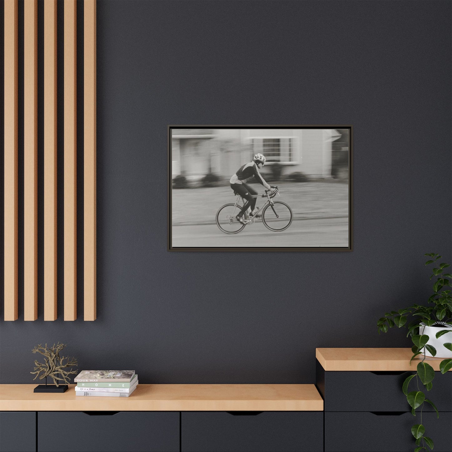 Framed Matte Canvas Print - Vintage Cyclist Black & White Wall Art