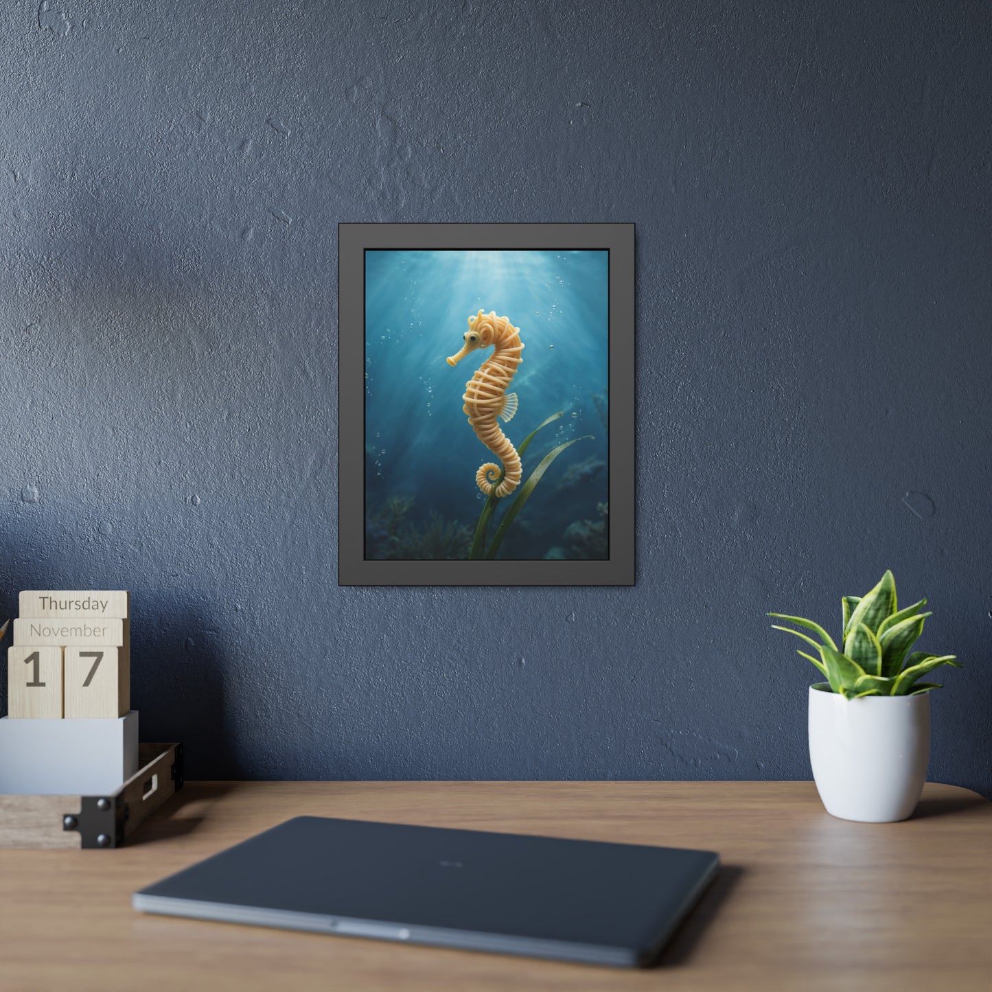 Spaghetti Seahorse Illustration Framed Poster | Ocean Underwater Art Print