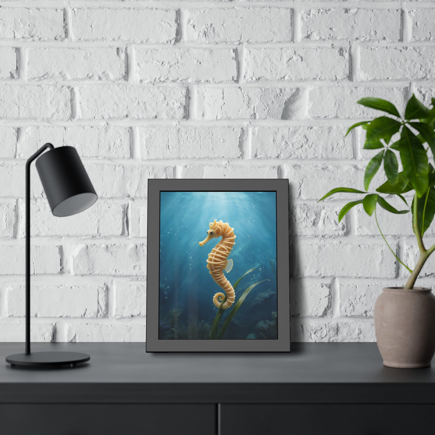 Spaghetti Seahorse Illustration Framed Poster | Ocean Underwater Art Print