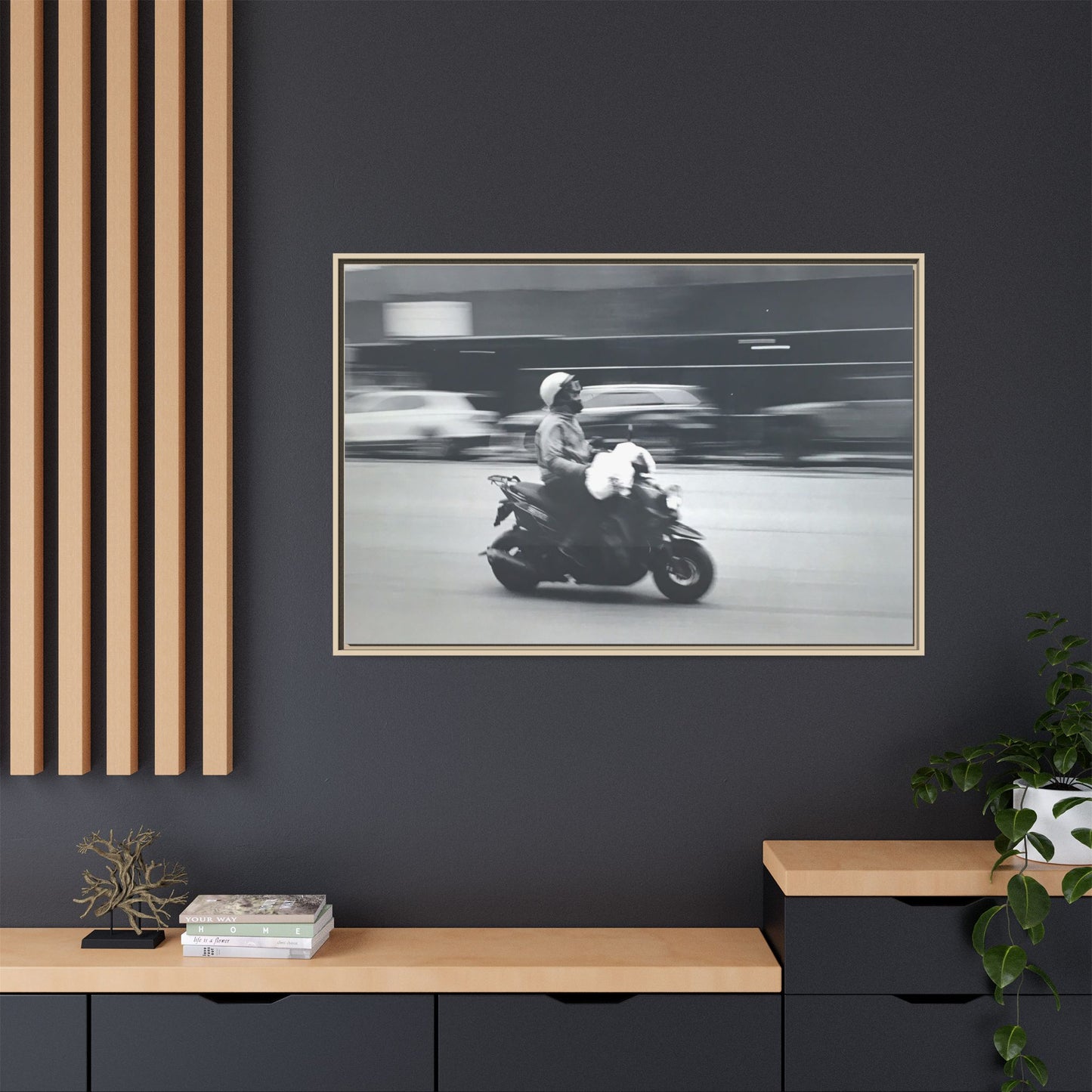 Framed Matte Canvas Print — Vintage Motion Scooter Street Photography