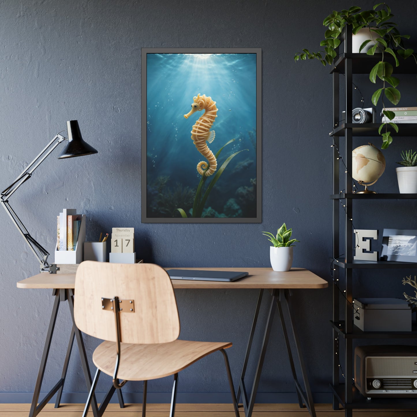 Spaghetti Seahorse Illustration Framed Poster | Ocean Underwater Art Print